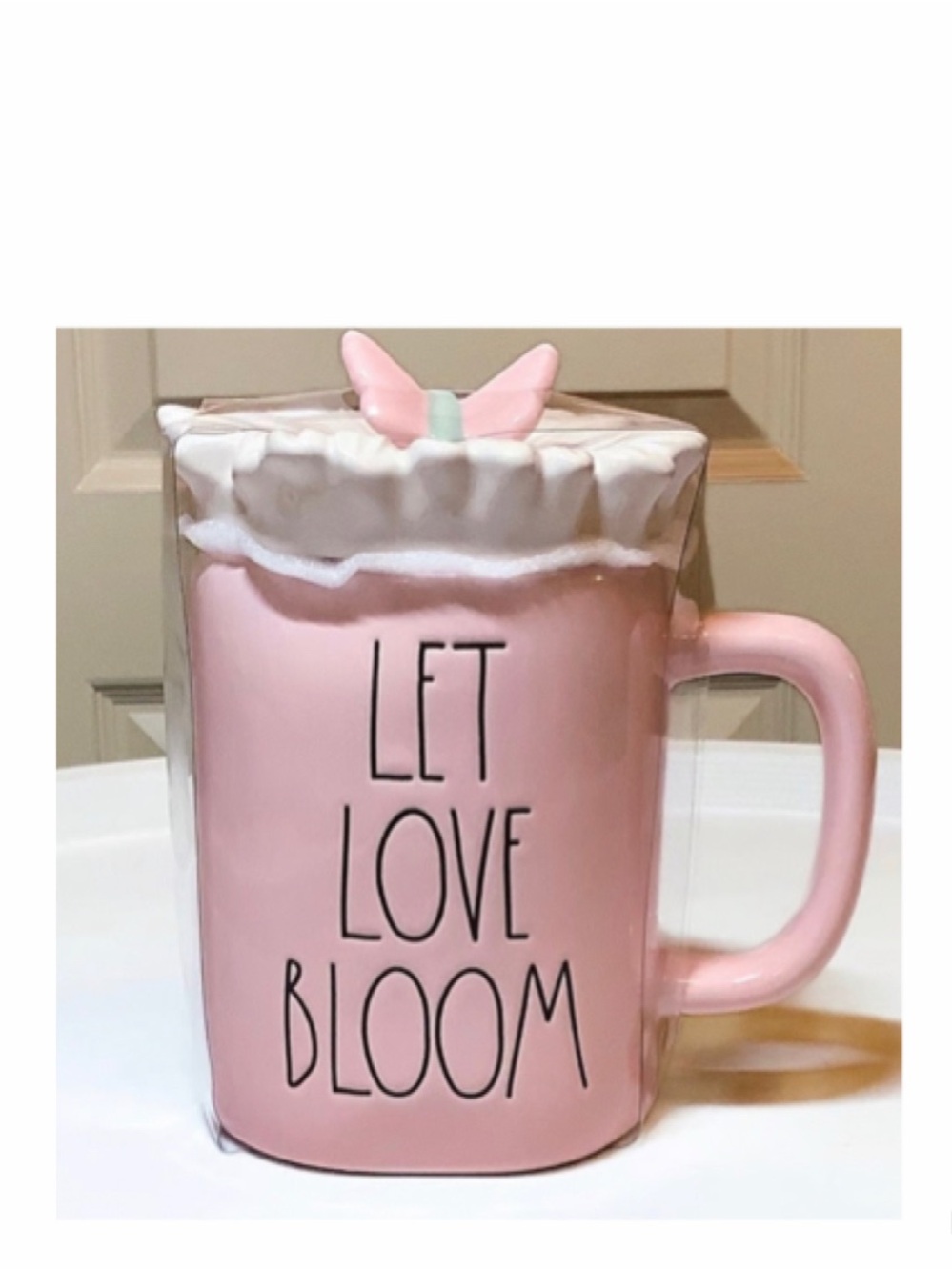 NEW Rae Dunn Let Love Bloom Pink Mug Flower & Butterfly Topper